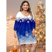 Women's Plus Size Curve Christmas Dress Casual Dress A Line Dress Snowflake Mini Dress Long Sleeve Print V Neck Fashion Outdoor Red Blue Fall Winter S M L XL XXL Lightinthebox - thumbnail