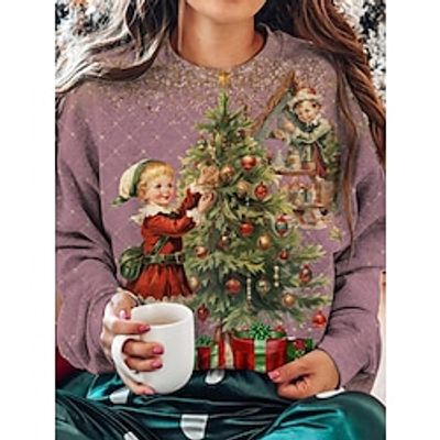 Women's Pullover Christmas Sweatshirt Sportswear Festival Print Purple Christmas Tree Christmas Casual Round Neck Long Sleeve Top Micro-elastic Fall  Winter Lightinthebox