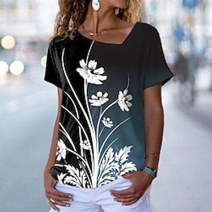 Women's T shirt Tee Pink Blue Purple Floral Print Short Sleeve Holiday Weekend Basic V Neck Regular Floral Painting S Lightinthebox