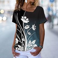 Women's T shirt Tee Pink Blue Purple Floral Print Short Sleeve Holiday Weekend Basic V Neck Regular Floral Painting S Lightinthebox - thumbnail