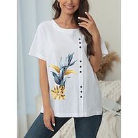 Women's Shirt Blouse Floral Casual Holiday White Button Print Short Sleeve Fashion Round Neck Regular Fit Summer Lightinthebox