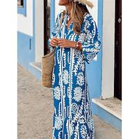 Women's Casual Dress Graphic Ruffle Print V Neck Long Dress Maxi Dress Ethnic Boho Daily Vacation 3/4 Length Sleeve Summer Lightinthebox