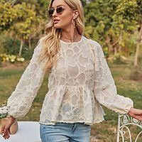Women's Blouse Peplum Shirt Plain Long Sleeve Ruffle Round Neck Streetwear Tops Beige miniinthebox - thumbnail
