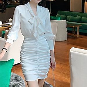 Sheath / Column Minimalist Elegant Graduation Cocktail Party Dress V Neck Long Sleeve Short / Mini Satin with Bow(s) Ruched 2021 miniinthebox
