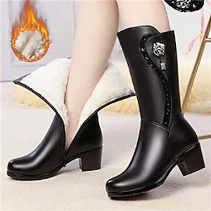 Women's Boots Snow Boots Plus Size Heel Boots Outdoor Work Daily Fleece Lined Knee High Boots Flower Block Heel Chunky Heel Round Toe Plush Casual Comfort Faux Leather Zipper Solid Color Black Lightinthebox