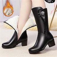 Women's Boots Snow Boots Plus Size Heel Boots Outdoor Work Daily Fleece Lined Knee High Boots Flower Block Heel Chunky Heel Round Toe Plush Casual Comfort Faux Leather Zipper Solid Color Black Lightinthebox - thumbnail