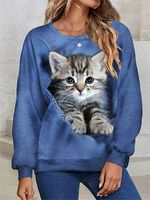 Women's 3D Cute Cat Print Round Neck Long Sleeve Sweatshirt