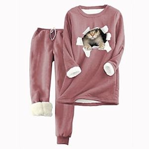 Women's Hoodie Tracksuit Pants Sets Fleece Cat Pink Blue Gray Drawstring Print Long Sleeve Casual Daily Warm Daily Hooded Regular Fit Fall  Winter Lightinthebox