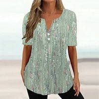 Women's T shirt Tee Blouse Black Red Green Graphic Floral Button Print Short Sleeve Casual Holiday Basic V Neck Regular Floral S miniinthebox