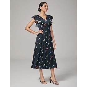 Parrot Print Satin Cinched-Waist Dress