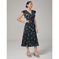 Parrot Print Satin Cinched-Waist Dress