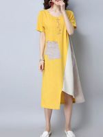 Women Vintage Patchwork Short Sleeve Pocket Dresses