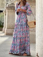 V-Neck Casual Loose Bohemian Vacation Long Sleevee Maxi Dress