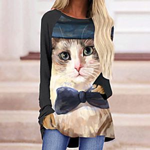 Women's 3D Cat Painting T shirt Cat 3D Long Sleeve Print Round Neck Basic Tops Yellow Lightinthebox