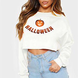 Women's Sweatshirt Crop Top Text Pumpkin Crop Top Print Halloween Sports Hot Stamping Streetwear Halloween Hoodies Sweatshirts  Cotton Yellow Gray White miniinthebox