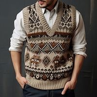 Plaid Geometry Retro Vintage Tribal Men's Print Knitting Sweater Vest Knitwear Outdoor Daily Vacation Sleeveless V Neck Sweaters Dark Brown Brown Khaki Fall Winter M L XL Sweaters Lightinthebox - thumbnail