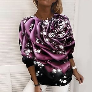 Women's Sweatshirt Pullover Active Streetwear Valentine's Day Print Green Blue Pink Rose Flower Daily Round Neck Long Sleeve S M L XL XXL  3D Print Lightinthebox