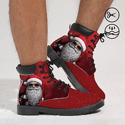 Men's Boots Print Shoes Xmas Shoes Combat Boots Casual Boots Casual Outdoor Christmas Xmas Faux Leather PU Comfortable Slip Resistant Mid-Calf Boots Lace-up Red Blue Green Spring Fall Winter miniinthebox