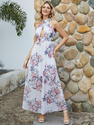 YOINS White Backless Random Floral Print Lace-up Design Halter Sleeveless Dress YOINS White Backless Random Floral Print Lace-up Design Halter Sleeveless Dress