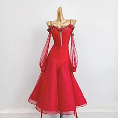 Ballroom Dance Dress Embroidery Pure Color Splicing Women's Performance Party Long Sleeve Mesh Spandex Tulle Lightinthebox