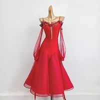 Ballroom Dance Dress Embroidery Pure Color Splicing Women's Performance Party Long Sleeve Mesh Spandex Tulle Lightinthebox - thumbnail