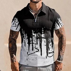 Men's Golf Shirt 3D Print Graphic Patterned Graffiti Turndown Street Daily Zipper 3D Short Sleeve Tops Casual Fashion Breathable Comfortable Black  White Lightinthebox