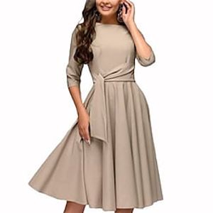 Women's Work Dress A Line Dress Knee Length Dress Green Navy Blue Beige Half Sleeve Pure Color Ruched Lace up Fall Winter Crew Neck Work Elegant Vintage Party 2022 S M L XL XXL  Cotton Lightinthebox