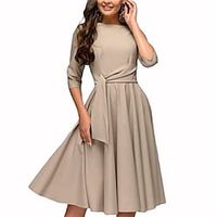 Women's Work Dress A Line Dress Knee Length Dress Green Navy Blue Beige Half Sleeve Pure Color Ruched Lace up Fall Winter Crew Neck Work Elegant Vintage Party 2022 S M L XL XXL  Cotton Lightinthebox - thumbnail