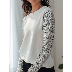 Women's T shirt Tee Geometric Daily Weekend White Print Long Sleeve Fashion Round Neck Regular Fit Spring   Fall Lightinthebox