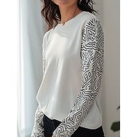 Women's T shirt Tee Geometric Daily Weekend White Print Long Sleeve Fashion Round Neck Regular Fit Spring   Fall Lightinthebox - thumbnail