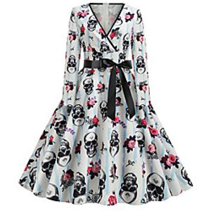 Women's A Line Dress Knee Length Dress Orange White Black Long Sleeve Floral Print Lace up Print Fall Winter V Neck Casual Vintage Halloween 2021 S M L XL XXL Lightinthebox