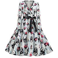 Women's A Line Dress Knee Length Dress Orange White Black Long Sleeve Floral Print Lace up Print Fall Winter V Neck Casual Vintage Halloween 2021 S M L XL XXL Lightinthebox - thumbnail