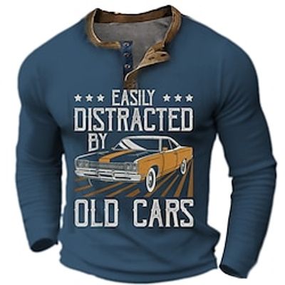 Graphic Letter Car Fashion Daily Casual Men's 3D Print Henley Shirt Casual Holiday Going out T shirt Army Green Dark Blue Long Sleeve Henley Shirt Spring   Fall Clothing Apparel S M L XL XXL 3XL 4XL Lightinthebox