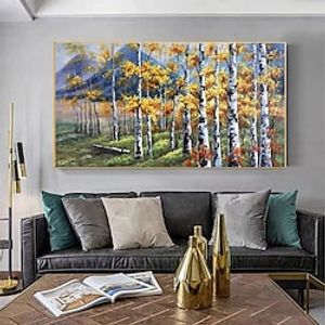 Handmade Oil Painting Canvas Wall Art Decor Abstract Birch Forest Painting Original Landscape Painting for Home Decor With Stretched FrameWithout Inner Frame Painting miniinthebox