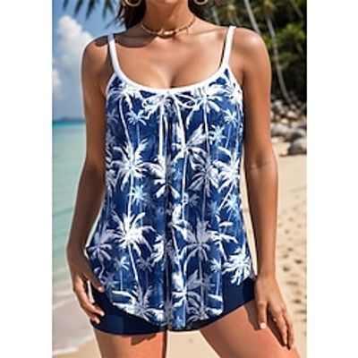 Women's Swimwear Tankini 2 Piece Normal Swimsuit 2 Piece Printing Palm Tree Blue Tank Top Strap Bathing Suits Sports Beach Wear Holiday Lightinthebox
