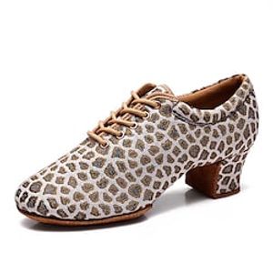 Women's Latin Shoes Practice Trainning Dance Shoes Indoor Performance ChaCha Stylish Leopard Pattern  Print Thick Heel Round Toe Lace-up Adults' Black Gold Lightinthebox