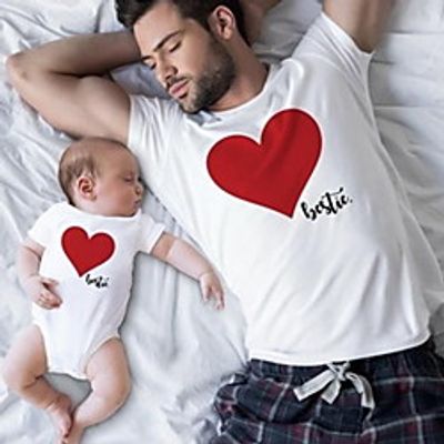 Dad and Son T shirt Heart Letter Daily Print White Short Sleeve Active Matching Outfits Lightinthebox