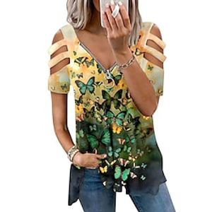 Women's Blouse Floral Graphic Butterfly Casual Weekend Blouse Long Sleeve Cold Shoulder Print V Neck Basic Blue Yellow Fuchsia S / 3D Print miniinthebox