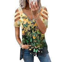 Women's Blouse Floral Graphic Butterfly Casual Weekend Blouse Long Sleeve Cold Shoulder Print V Neck Basic Blue Yellow Fuchsia S / 3D Print miniinthebox - thumbnail