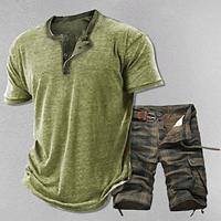 Men's Matching Sets Green T shirt Tee Henley Shirt Tactical Shorts Cargo Shorts Sets Short Sleeve Henley Vacation Going out Plaid 2 Piece Polyester Summer Lightinthebox