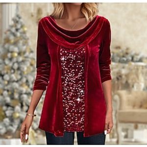 Christmas Shirt Women's Blouse Velvet Sparkly Red Sequins Long Sleeve Party Christmas Festival  Holiday Round Neck Regular Fit Fall  Winter Lightinthebox