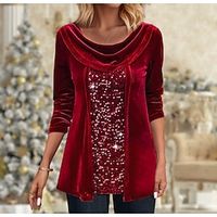 Christmas Shirt Women's Blouse Velvet Sparkly Red Sequins Long Sleeve Party Christmas Festival  Holiday Round Neck Regular Fit Fall  Winter Lightinthebox - thumbnail