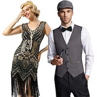 Retro Vintage Roaring 20s 1920s Flapper Dress Outfits Waistcoat Couples Costumes The Great Gatsby Gentleman Men's Women's Sequins Tassel Fringe Cosplay Costume New Year Party Prom Costume miniinthebox - thumbnail