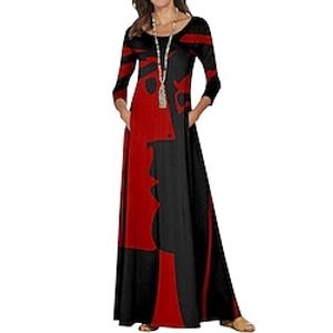 Women's Pleated Dress Print Print Crew Neck Long Dress Maxi Dress Fashion Ethnic Daily Holiday Long Sleeve Loose Fit Wine Red Blue Spring Fall S M L XL 2XL Lightinthebox