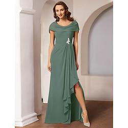 A-Line Mother of the Bride Dress Elegant Vintage Party Wedding Guest Cowl Neck Scoop Neck Jewel Neck Floor Length Chiffon Sleeveless Short Sleeve with Pleats Ruched Beading 2024 Lightinthebox