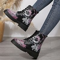 Women's Boots Combat Boots Plus Size Daily Booties Ankle Boots Chunky Heel Round Toe Casual Leather Lace-up Black Lightinthebox - thumbnail