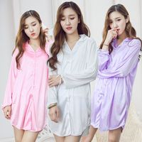 Sexy Ice Silk Night Shirt Turn-down Collar Pure Color Soft Thin Nightdress Loungewear