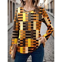 Women's T shirt Tee Color Block Striped Red Blue Orange Print Long Sleeve Daily Going out Fashion Round Neck Regular Fit Spring   Fall Lightinthebox - thumbnail
