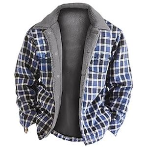 Men's Winter Jacket Fleece Jacket Casual Jacket Outdoor Daily Wear Warm Pocket Fall Winter Plaid  Check Fashion Streetwear Lapel Blue Green Gray Jacket Lightinthebox
