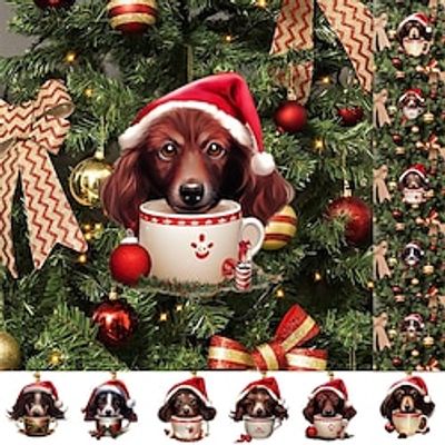 Christmas Decorations, Dachshund Christmas Ornaments Cute Sausage Dog Christmas Tree Ornaments Flat Printing 2D Acrylic Cartoon Mini Funny Dog Hanging Ornament Dog Lovers Gift Idea Xmas Party miniinthebox